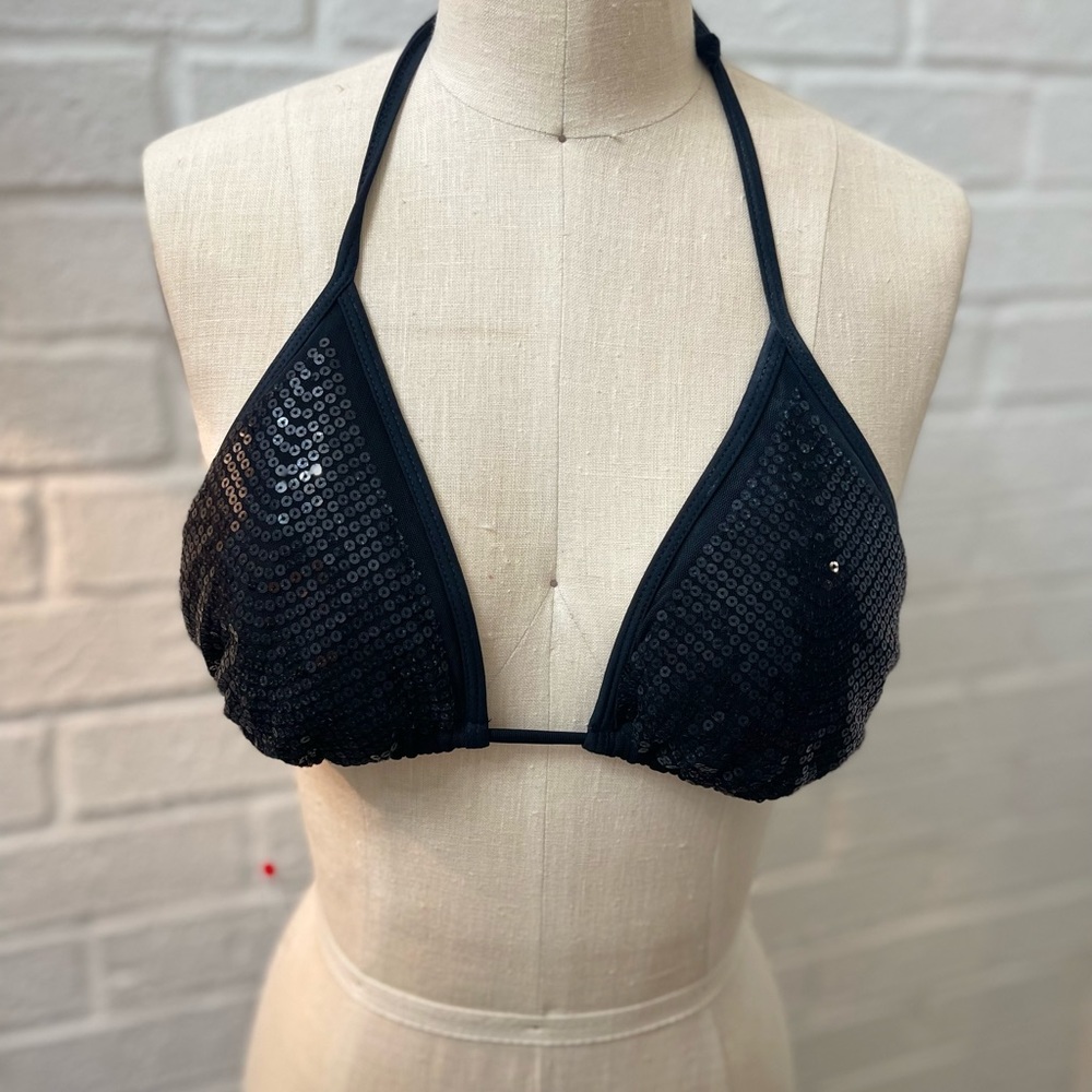 Black Sequin string bikini top- size large